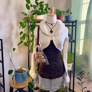 Vintage Y2K Say What Faux Fur White Cardigan Cropped Large Preppy Winter Knit